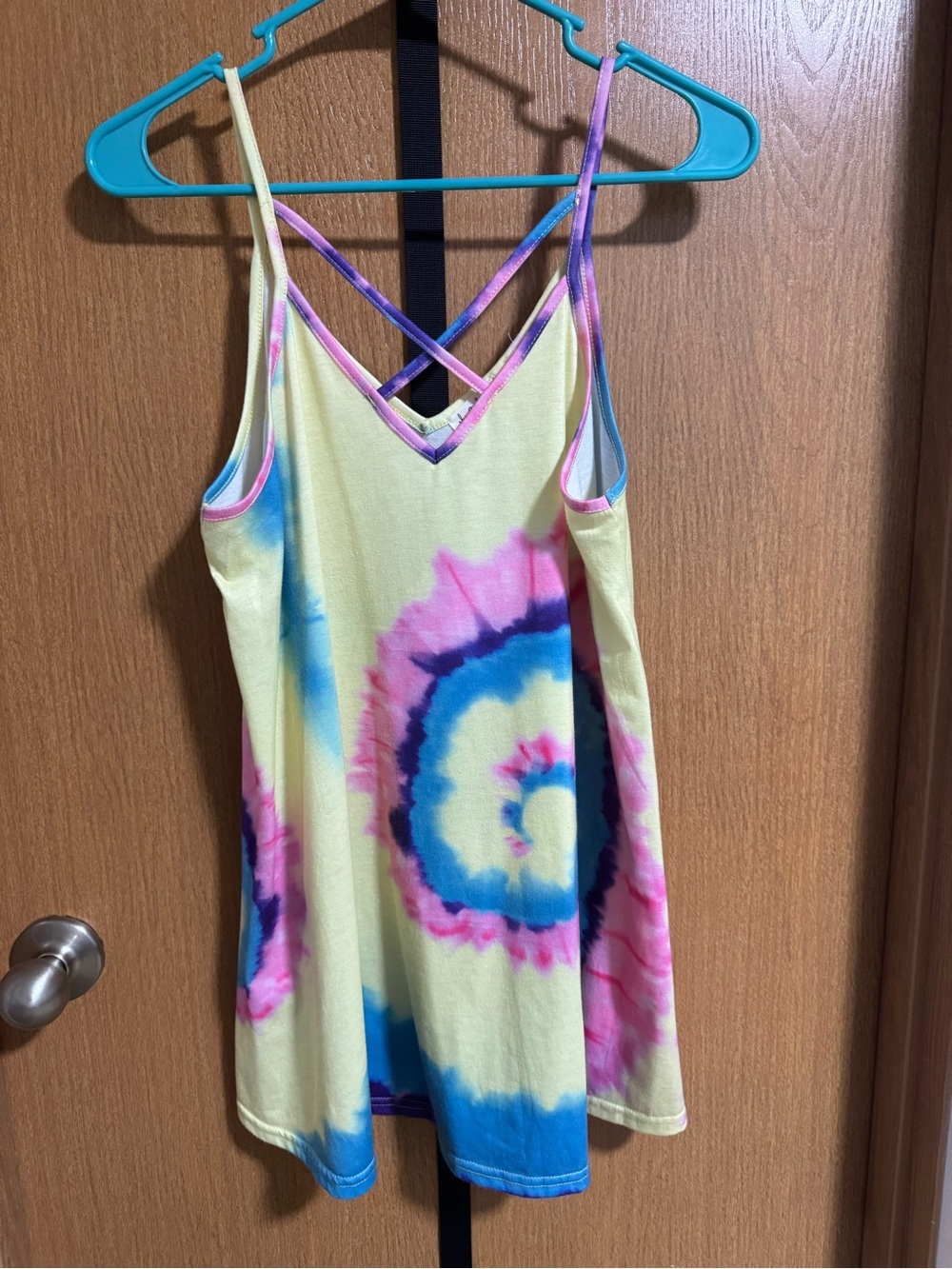Women's Tie-Dye Strappy V-Neck Tank Top - Yellow, Pink & Blue - Small